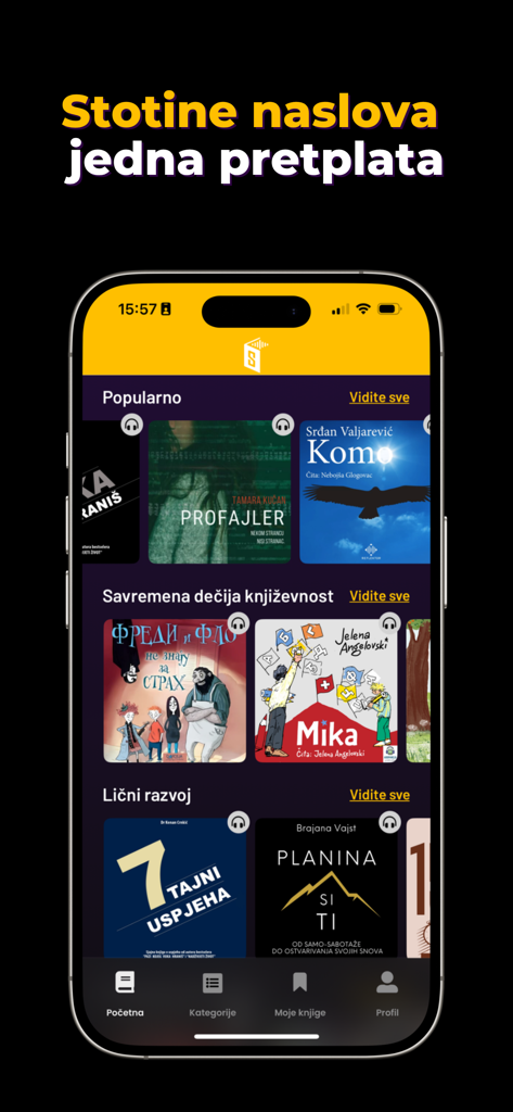 Ein mobiler Screenshot der Storia App-Bibliothek, der verschiedene serbische Hörbuch-Titel nach Kategorien sortiert zeigt.