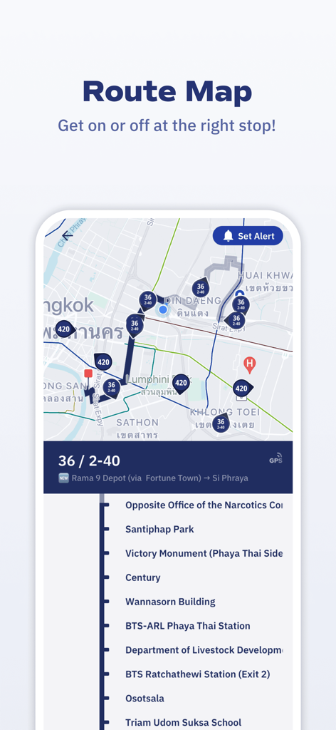 ViaBus app showing real-time transit route map and list of bus stops