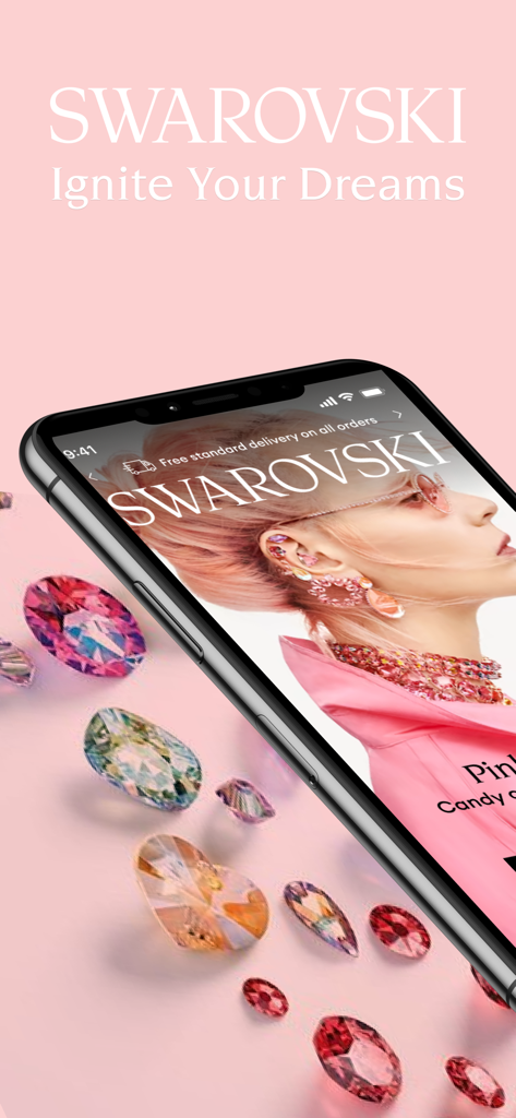 Swarovski KSA, UAE, Kuwait - 보석과 장식용 분홍색 크리스탈이 있는 스와로브스키 쇼핑 앱 인터페이스