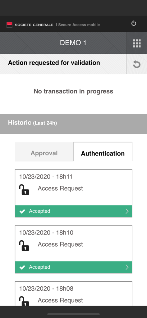 Tela de histórico de autenticação mostrando um registro de solicitações de acesso aceitas no aplicativo móvel Acesso Seguro para Corporações do Societe Generale.