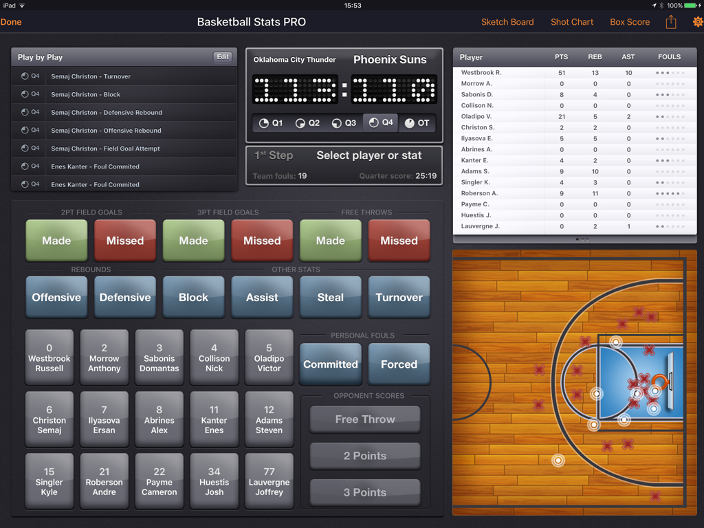Basketball Stats PRO Lite - iPad interface of Basketball Stats PRO Lite showing live game statistics and a visual shot chart