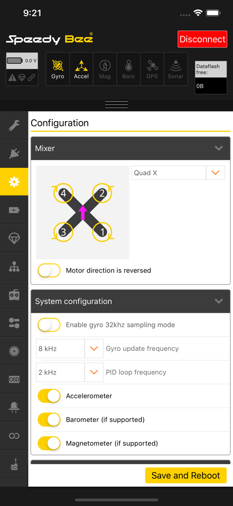 SpeedyBee App interface showing FPV drone motor mixer and system configuration settings