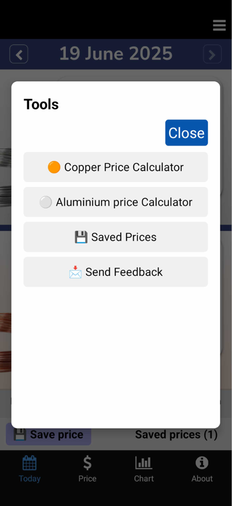 구리 및 알루미늄 가격 계산기 및 저장된 가격 옵션을 표시하는 도구 메뉴