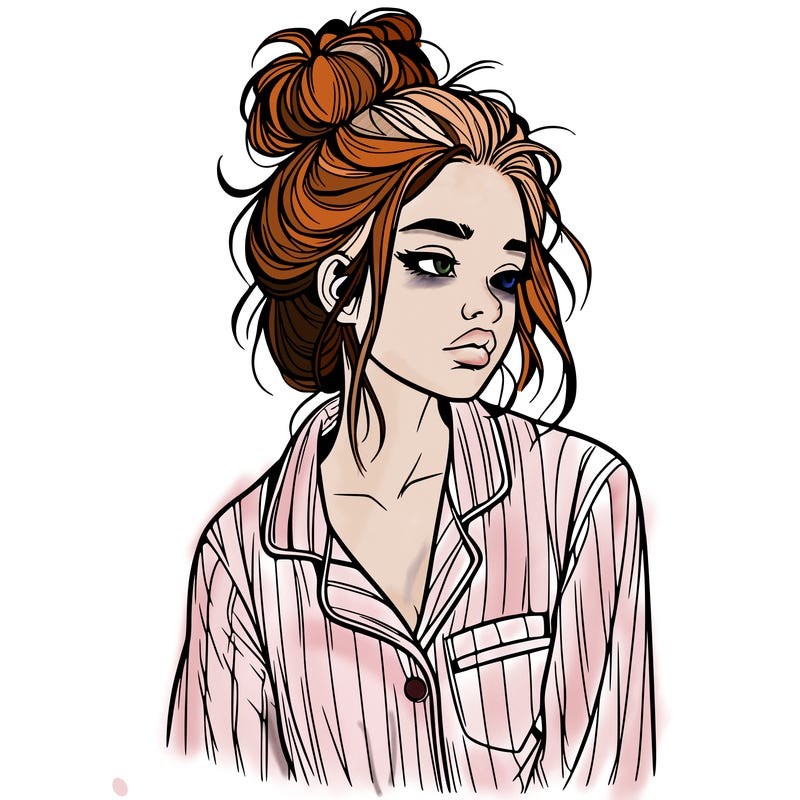 realistic woman with pajamas on and a messy bun