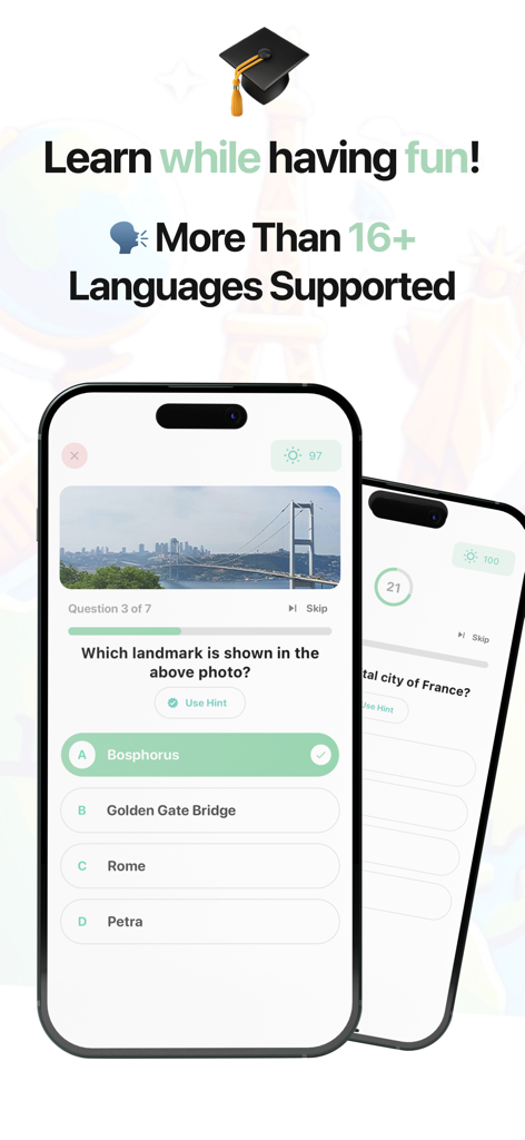 Geografie: Weltenquiz-App mit einer Frage zur Identifizierung von Sehenswürdigkeiten und mehrsprachiger Unterstützung