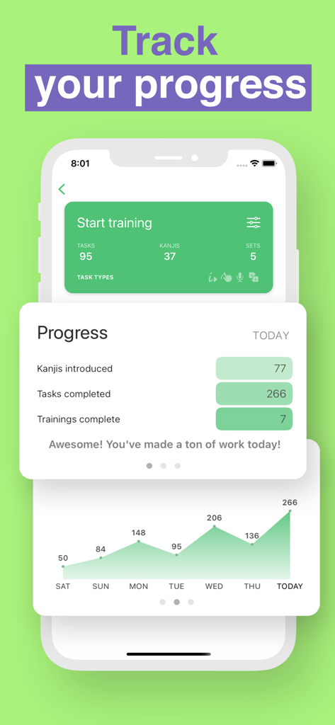 Learn Japanese Kanji and Kana - Robokana app screen displaying daily Japanese learning statistics and a weekly progress chart.