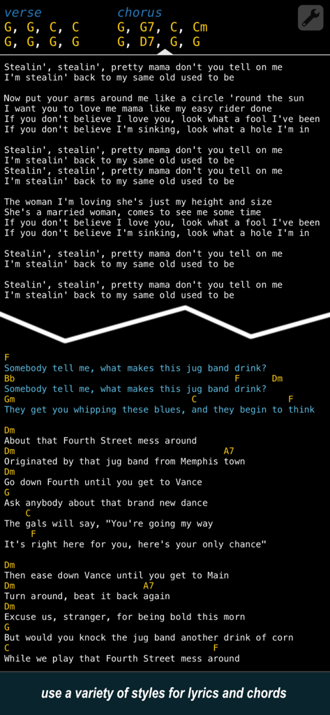 Set List Maker app screen displaying song lyrics and chords in multiple formatting styles