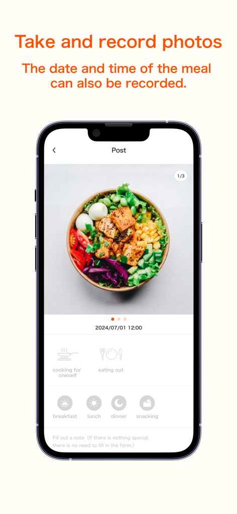Food log app - Interfaz de aplicación móvil para registrar una foto de comida con selección de fecha, hora y categoría
