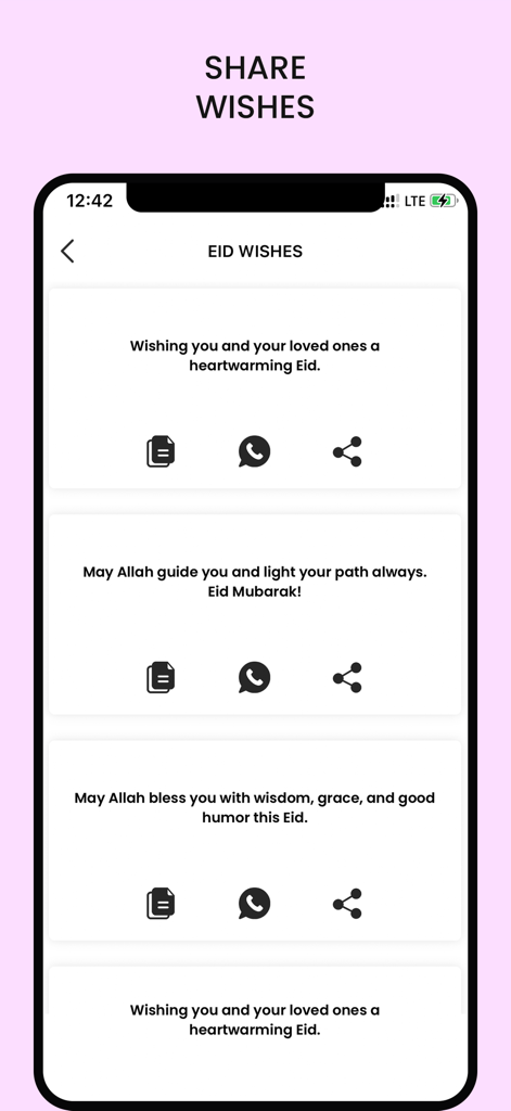 Eid & Ramadan Photo Frames - Interface of the Eid and Ramadan Photo Frames app displaying various text wishes for Eid with options to copy or share via WhatsApp