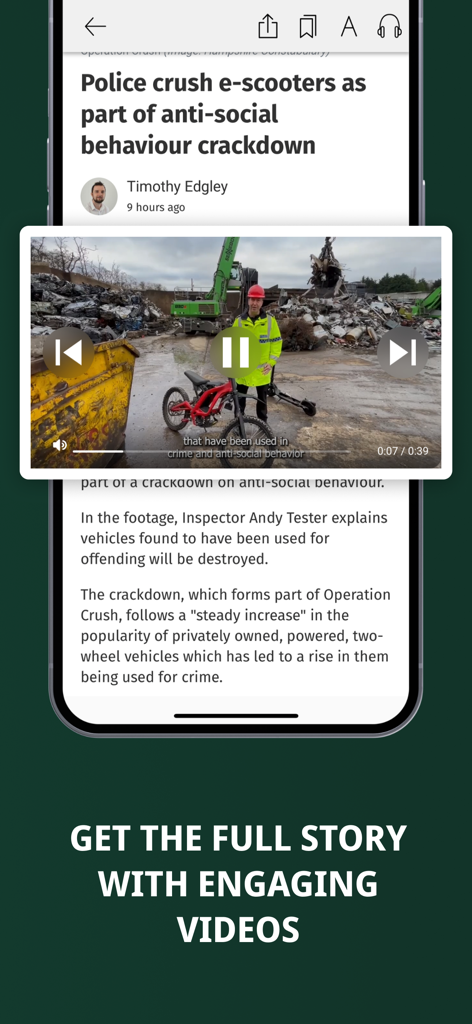 Dorset Echo - A mobile screenshot of the Dorset Echo news app featuring an article with an embedded video player and the caption Get the full story with engaging videos.