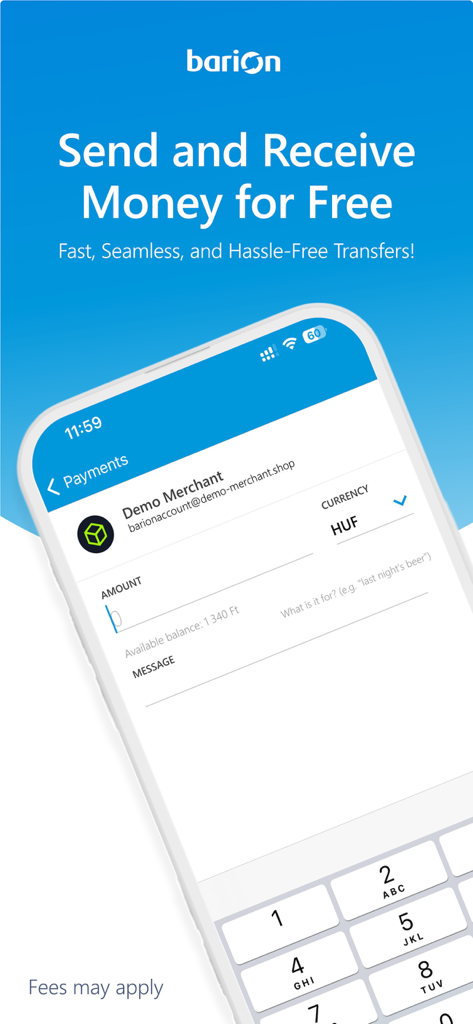 Barion - Barion app interface for sending and receiving money for free with multi-currency support.