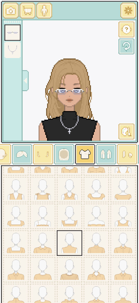 PIXPIX: Make my Avatar - A pixel art girl character being customized with different shirts in the PIXPIX avatar maker app