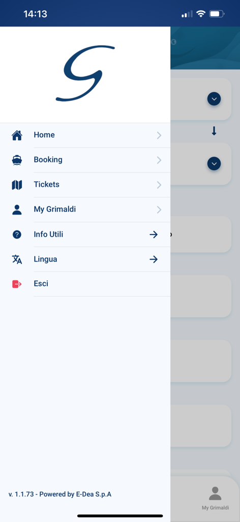 Navigation menu of the Grimaldi Lines app showing booking and ticket options