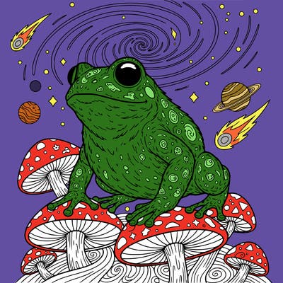 fuzzy intergalactic frog with mushrooms