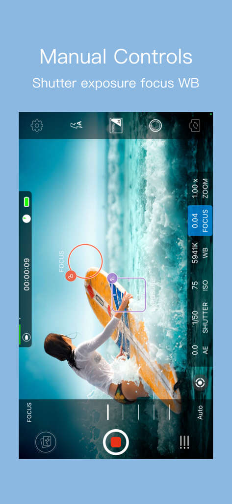 RCam Pro manual camera interface showing controls for shutter speed, exposure, focus, and white balance.