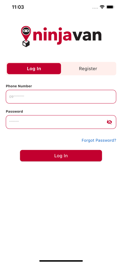 Ninja Van Myanmar - Schermata di accesso dell'app Ninja Van Myanmar con campi per numero di telefono e password e pulsante di accesso rosso.