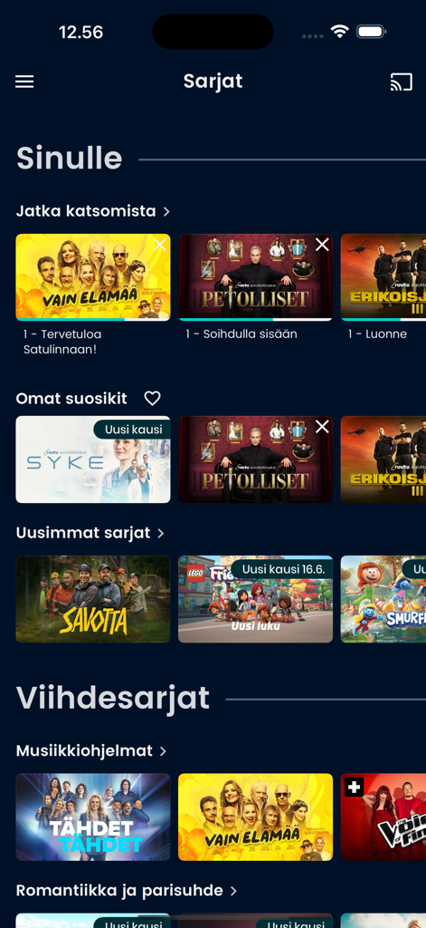 Interface of the Ruutu app displaying various Finnish TV show categories and series thumbnails.