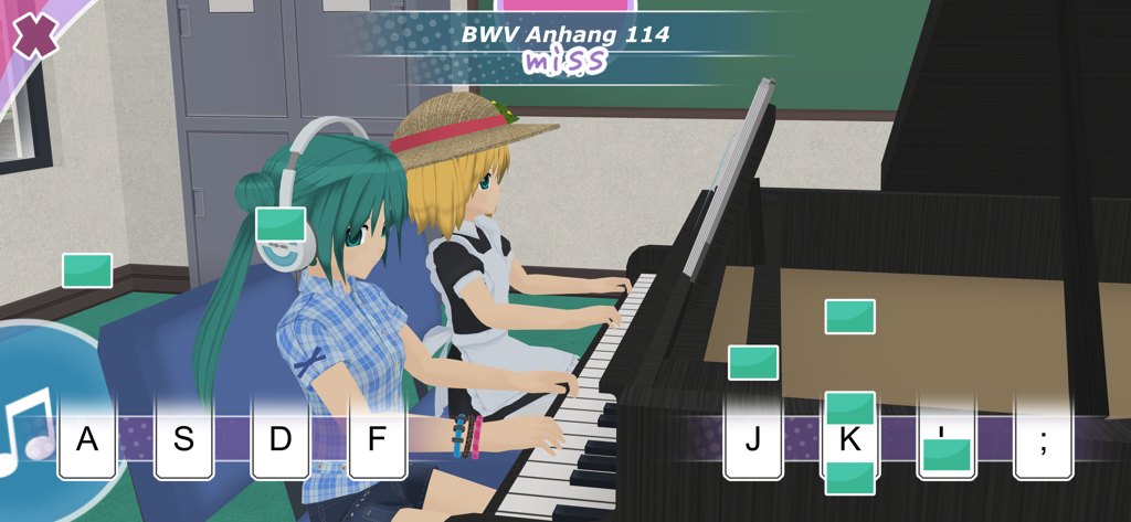 Anime City 3D - Dos personajes de anime jugando a un minijuego de ritmo de piano en Anime City 3D
