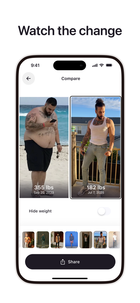 Cal AI app screenshot showing weight loss before and after comparison