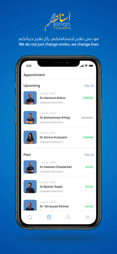Asnan Tower - Asnan Tower mobile app appointment screen showing upcoming and past dental consultations