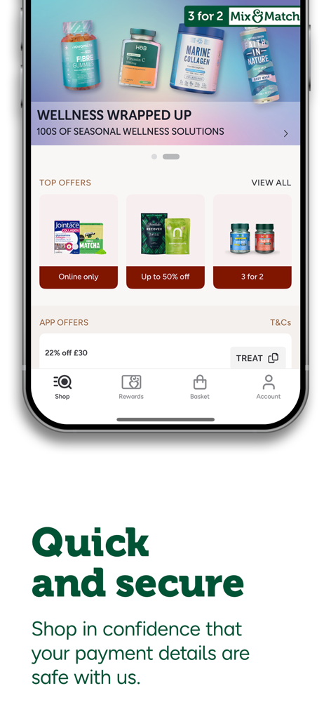 Die Benutzeroberfläche der Holland and Barrett App zeigt Wellness-Produktangebote und Informationen zum sicheren Checkout.
