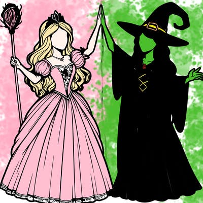 detailed realistic split of a princess and a witch