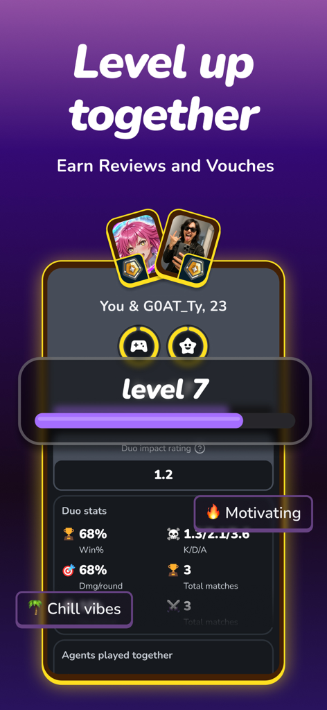 Gankster Duos - A mobile interface for Gankster Duos showing progress toward level 7 with a duo partner including game stats like win rate and kill death ratio
