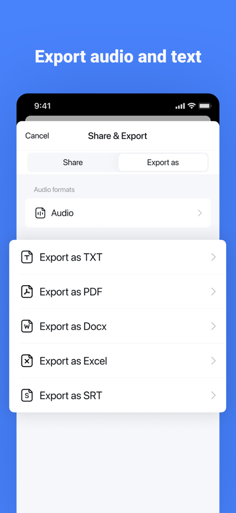 Mobile interface of the Notta app showing export options for audio and text in various formats like TXT PDF Docx Excel and SRT