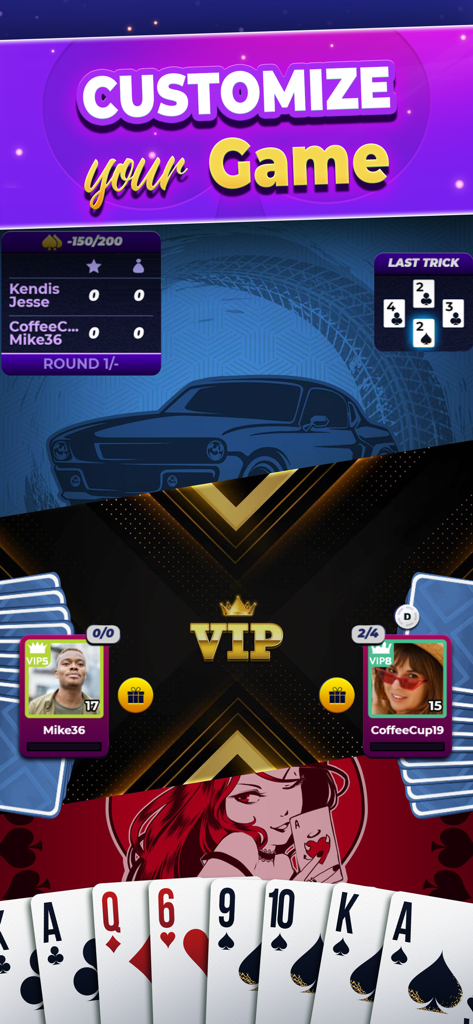 Customize your VIP Spades experience with unique table backgrounds and profile borders