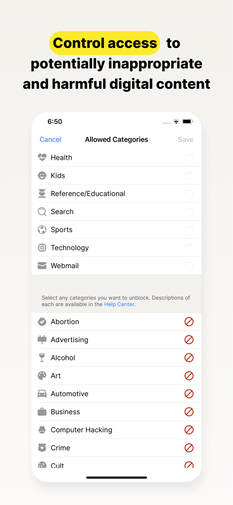 Norton Family Parental Control - Norton Family app screen for controlling access to digital content categories