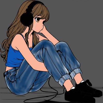 realistic girl sitting on the ground listening to music