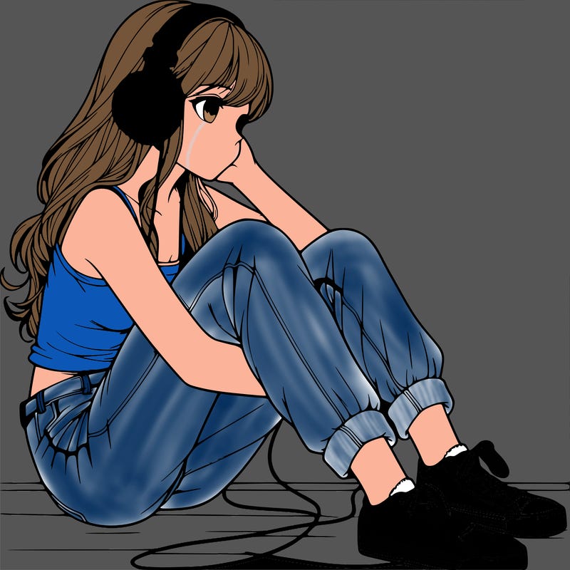 realistic girl sitting on the ground listening to music