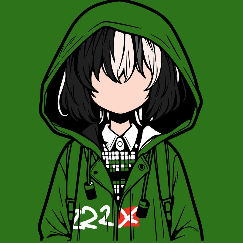 little anime girl in a raincoat her hair is covering her eyes she has a lighter