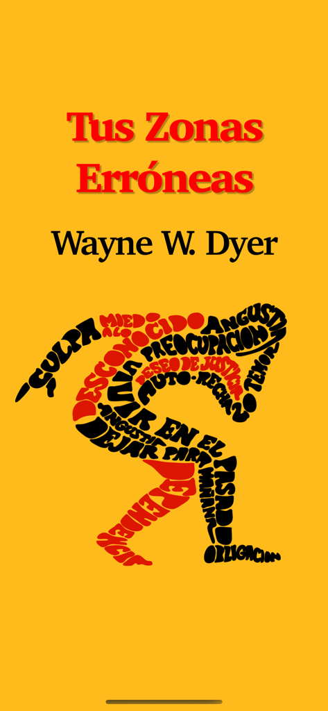 Tus Zonas Erróneas - Introductory screen of Tus Zonas Erróneas audiobook by Wayne Dyer featuring a person silhouette made of psychological terms in Spanish on a yellow background