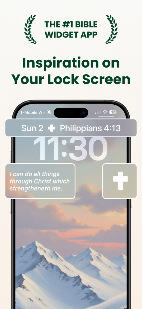 Daily Bible Verse Widget - Daily Bible Verse Widget on an iPhone Lock Screen featuring Philippians 4:13 scripture over a mountain background.