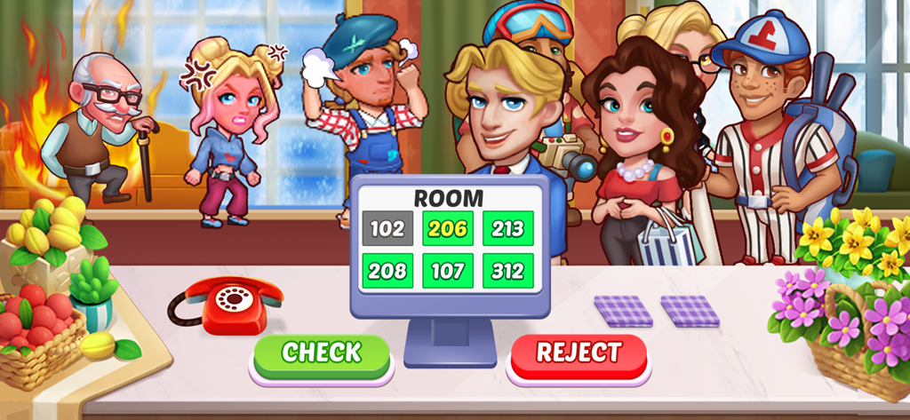 Hotel Fever Tycoon - Jugabilidad de la recepción de un hotel que muestra el registro de huéspedes y las opciones de gestión
