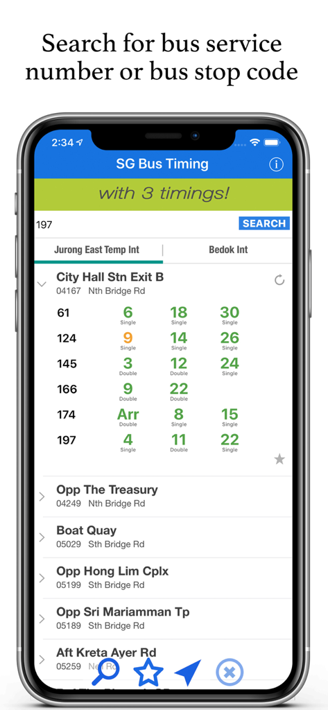 L'interface de l'application SG Bus Timing affiche les horaires d'arrivée des bus en temps réel à la station City Hall.