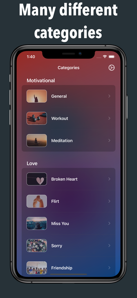 Love Quotes - Daily Reminders - Uma interface móvel do aplicativo Citações de Amor mostrando várias categorias como Treino Motivacional Meditação e Amor Coração Partido Flertar e Saudade