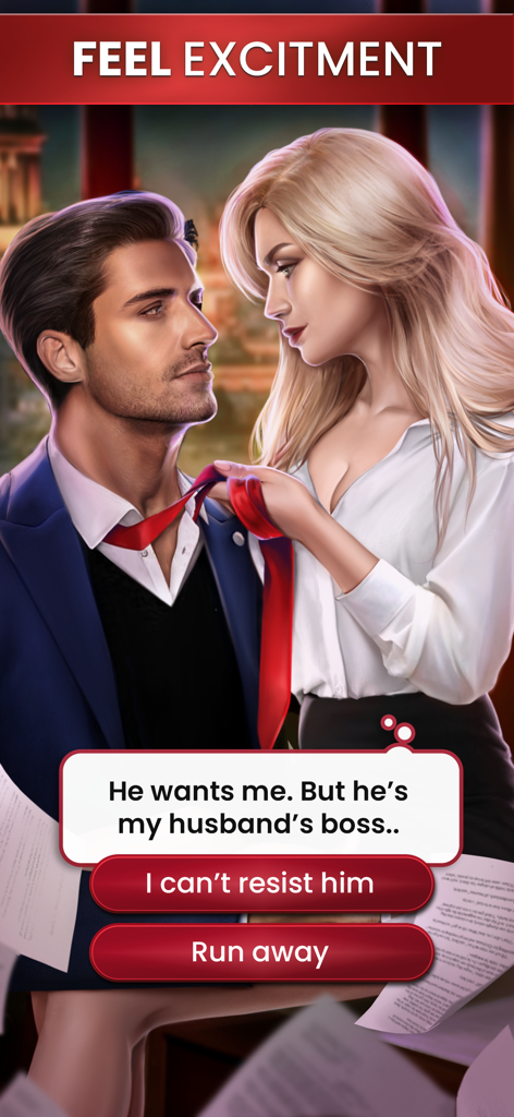Scandal: Play Love Story Games - A woman pulls a man's tie in a dramatic scene with dialogue and gameplay choices