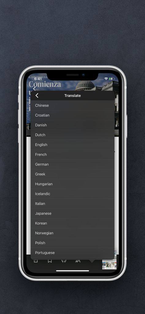 El Nuevo Día ePaper - Una lista de opciones de traducción de idiomas que se muestran en la aplicación móvil El Nuevo Día ePaper.