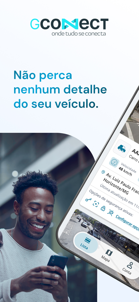 A man looking at the GConnect mobile app interface showing real-time vehicle speed and location tracking.