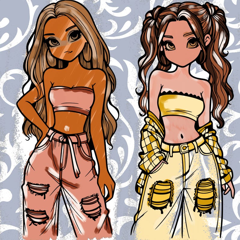 2 girls in crop tops and baggy jeans ripped