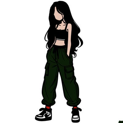 girl in baggy pants crop top and long hair