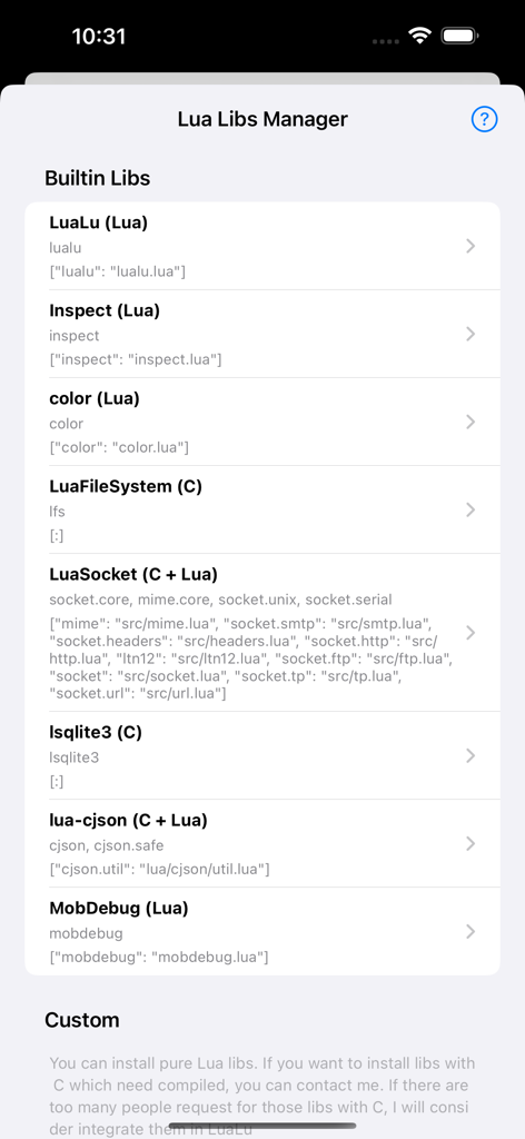 Interface of the Lua Libs Manager showing built-in libraries like LuaSocket and MobDebug