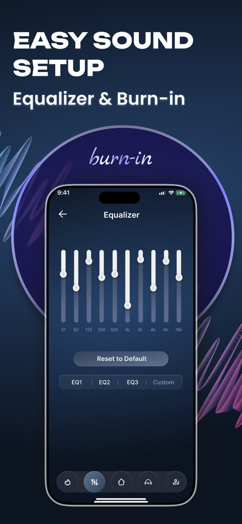 Jlab Earbuds & Speaker Control - Interface of the Jlab Earbuds and Speaker Control app showing the equalizer settings with frequency adjustment sliders