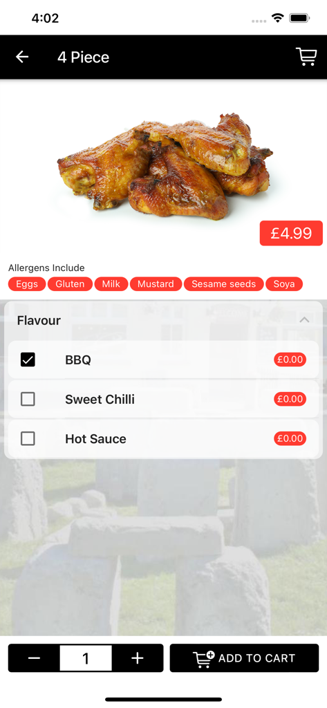 Stonehenge Inn - A mobile screen from the Stonehenge Inn app showing a four piece chicken wing dish with flavor options like BBQ and allergen information.