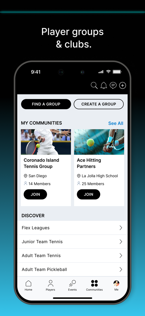 Schermata dell'app UTR Sports che mostra gruppi di giocatori locali e club di tennis per il matchmaking comunitario