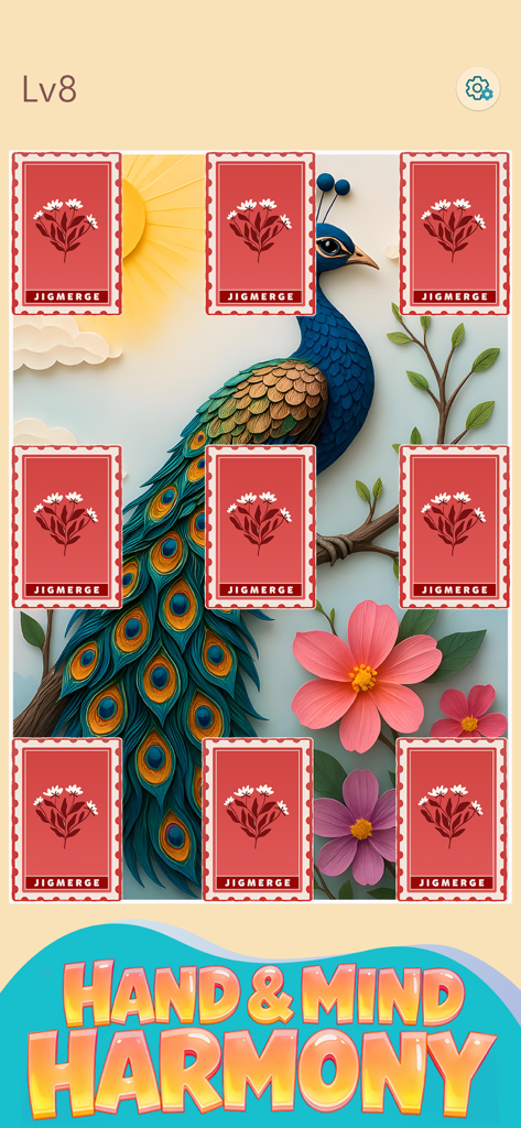 Jigmerge™ Puzzle - Jigmerge puzzle game screen featuring a colorful peacock and the slogan Hand and Mind Harmony