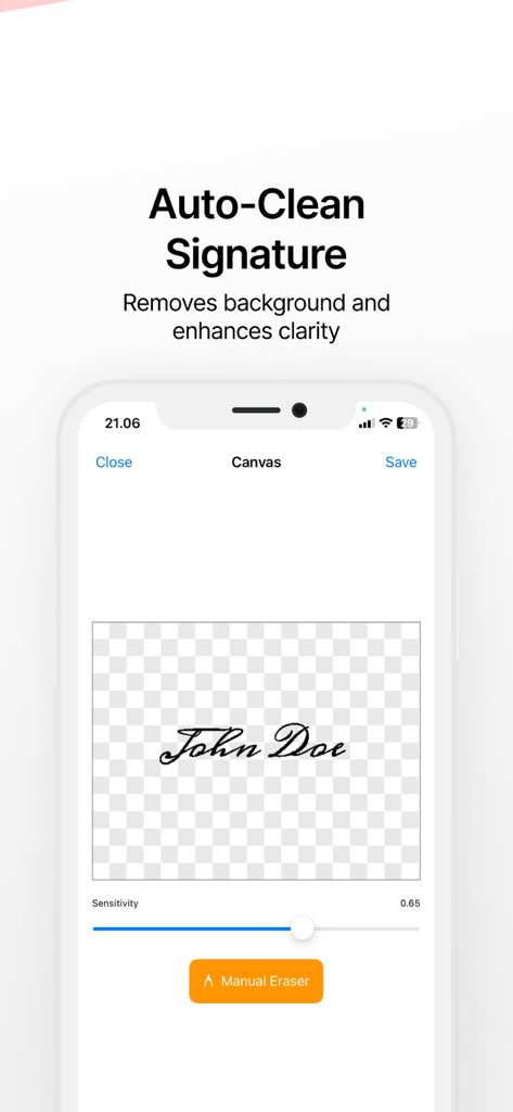 Signature Scanner ◦ eDocument - iPhone screen showing the auto-clean signature feature to remove backgrounds and enhance clarity of digital signatures