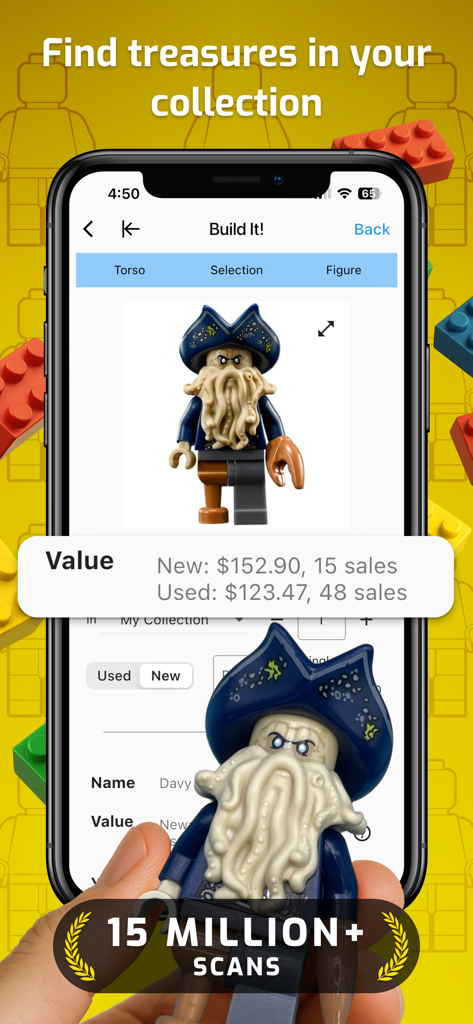 BrickScan: AI Minifig Scanner - BrickScan app identifying a rare LEGO minifigure and showing its market price